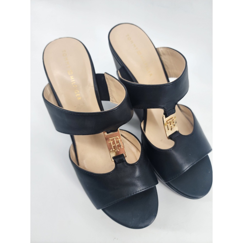 Tommy Hilfiger Womens Black Leather Wedge Platform Sandals Gold Logo Size 9M - Picture 2 of 8